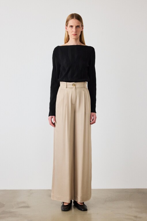 Beige Palazzo Geniş Paça Kadın Pantolon - Triko Mısırlı