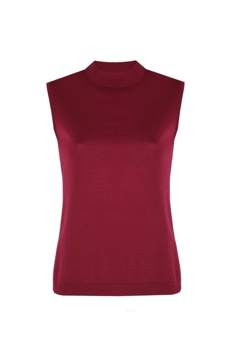 Bordo Yarım Boğazlı Kolsuz Triko Bluz - 4