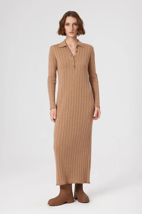 Camel Polo Yaka Ribanalı Uzun Elbise - 1