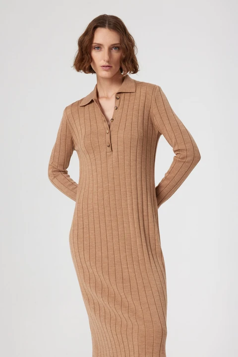 Camel Polo Yaka Ribanalı Uzun Elbise - 2