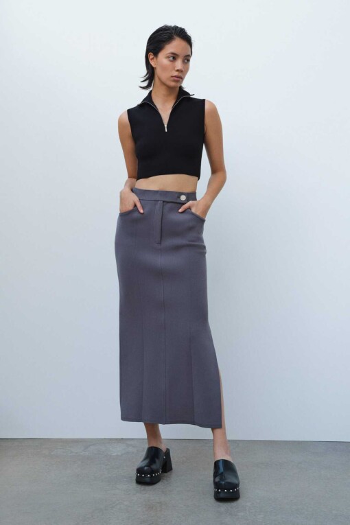 Anthracite Slit Detail Long Knit Skirt - Triko Mısırlı