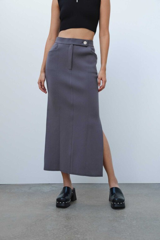 Anthracite Slit Detail Long Knit Skirt - Triko Mısırlı