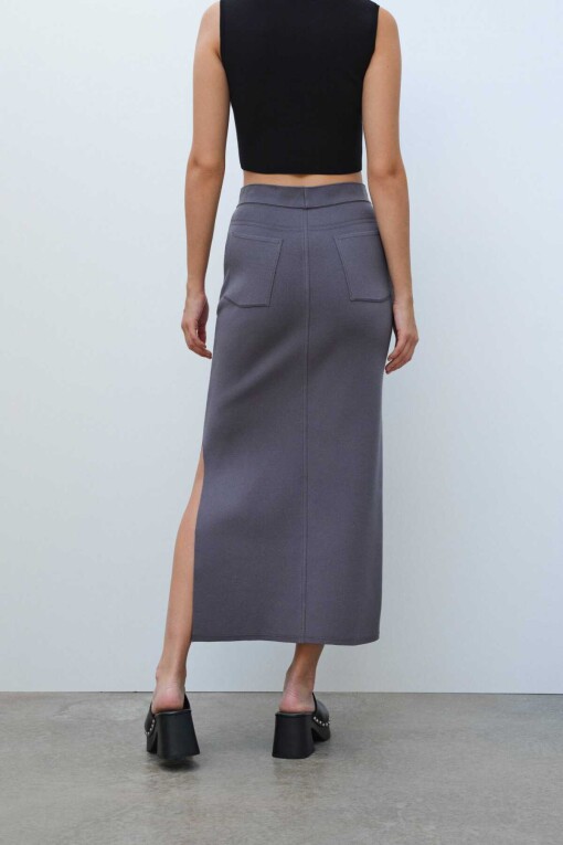 Anthracite Slit Detail Long Knit Skirt - Triko Mısırlı