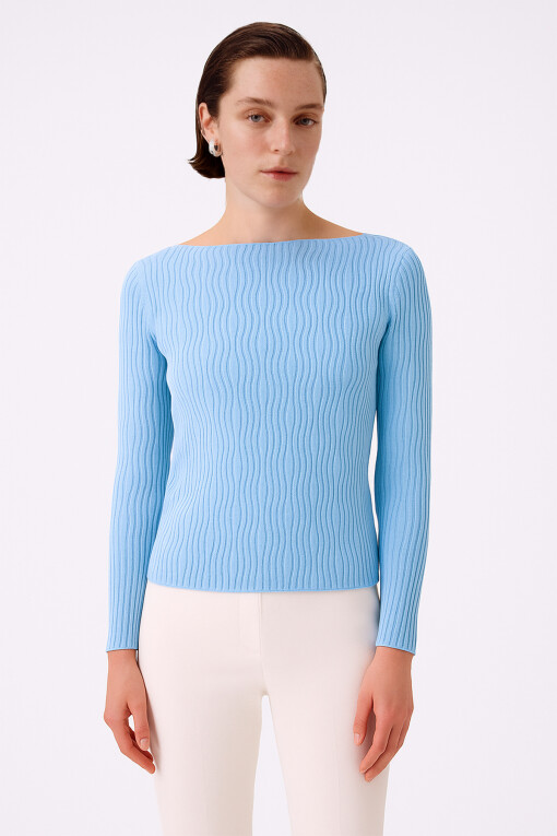 Baby Blue Boat Neck Patterned Women's Sweater - Triko Mısırlı