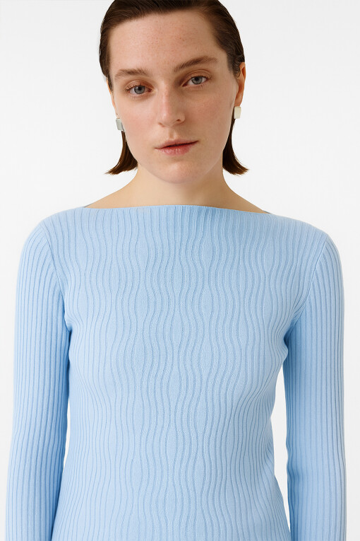 Baby Blue Boat Neck Patterned Women's Sweater - Triko Mısırlı