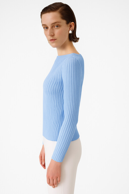 Baby Blue Boat Neck Patterned Women's Sweater - Triko Mısırlı