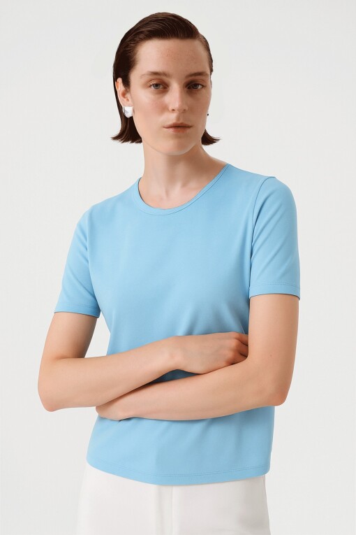 Baby Blue Crew Neck Short Sleeve Women's T-Shirt - Triko Mısırlı