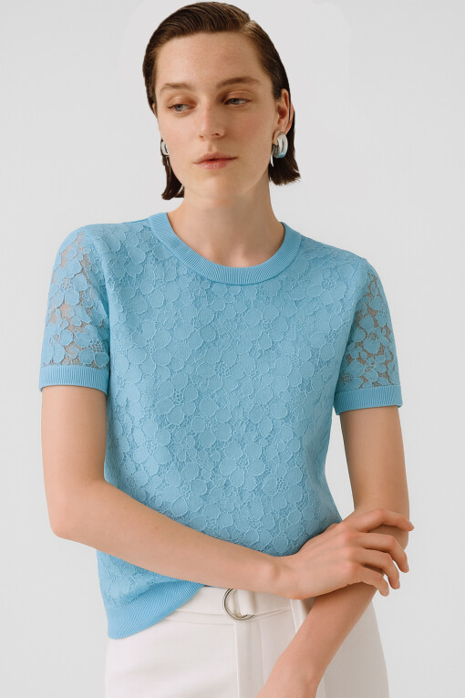 Baby Blue Front Lace Short Sleeve Blouse 