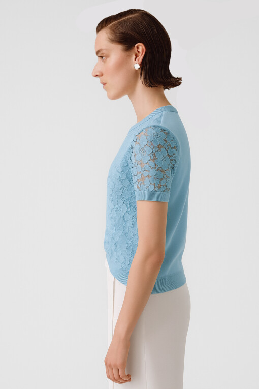 Baby Blue Front Lace Short Sleeve Blouse - Triko Mısırlı