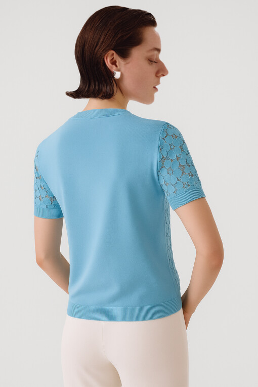 Baby Blue Front Lace Short Sleeve Blouse - Triko Mısırlı