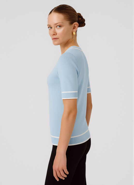 Baby Blue Round Neck Short Sleeve Women's Sweater - Triko Mısırlı