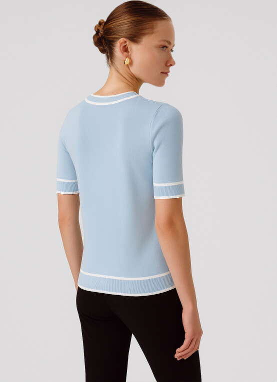 Baby Blue Round Neck Short Sleeve Women's Sweater - Triko Mısırlı