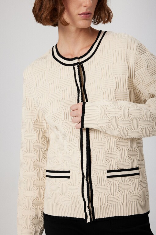 Beige Black Striped Detail Women's Jacket - Triko Mısırlı