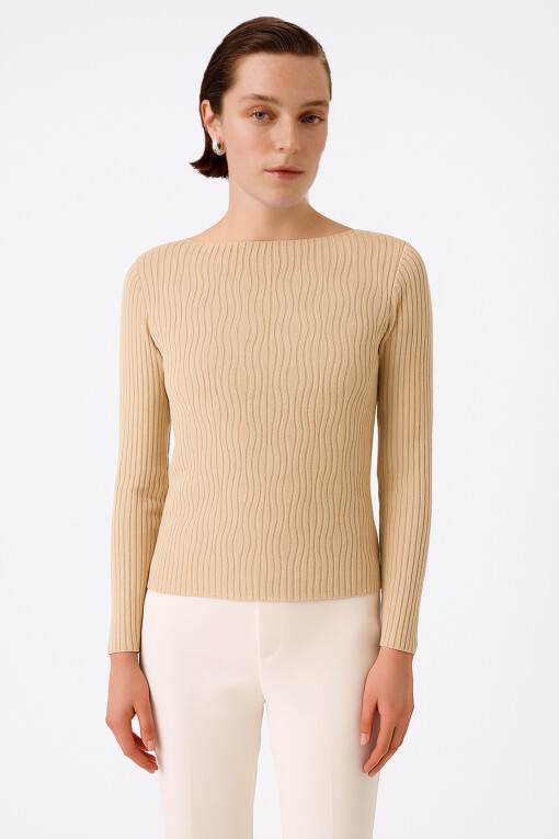 Beige Boat Neck Patterned Women's Sweater - Triko Mısırlı