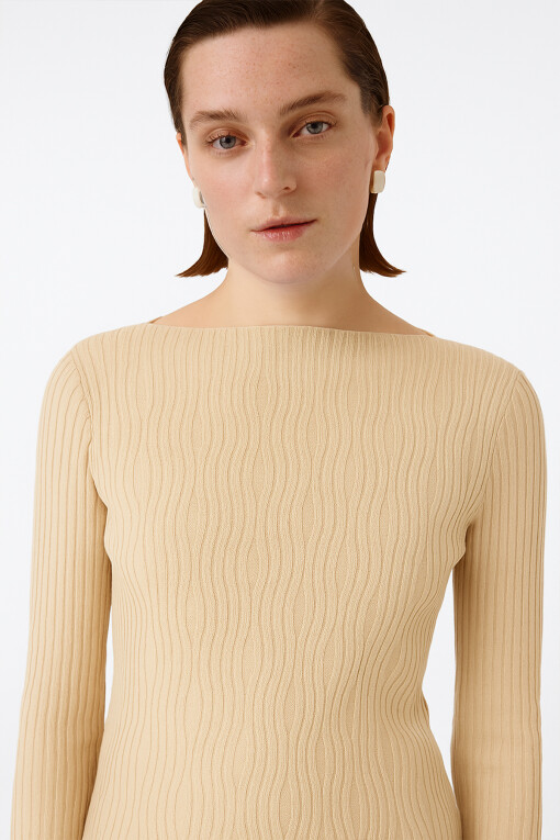 Beige Boat Neck Patterned Women's Sweater - Triko Mısırlı