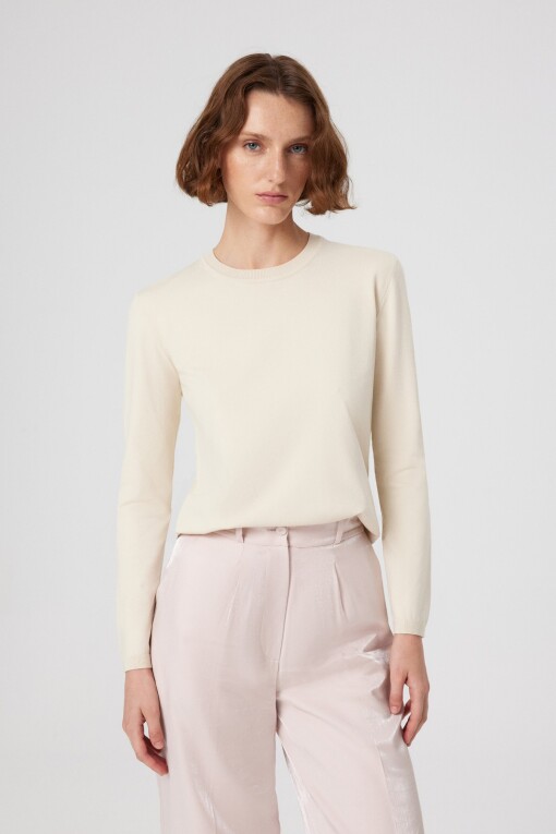 Beige Crew Neck Women's T-Shirt - Triko Mısırlı