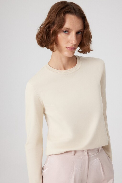 Beige Crew Neck Women's T-Shirt - Triko Mısırlı
