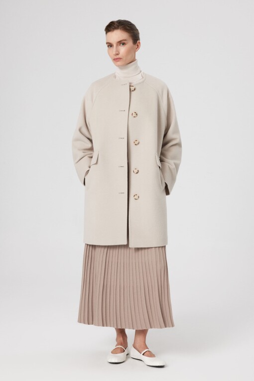 Beige Round Neck Buttoned Midi Length Women's Coat 