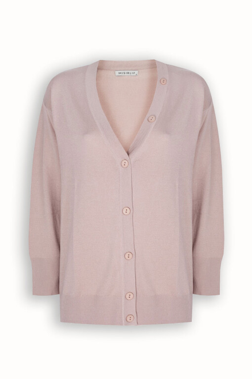 Beige V-Neck Button Detail Women's Cardigan - Triko Mısırlı