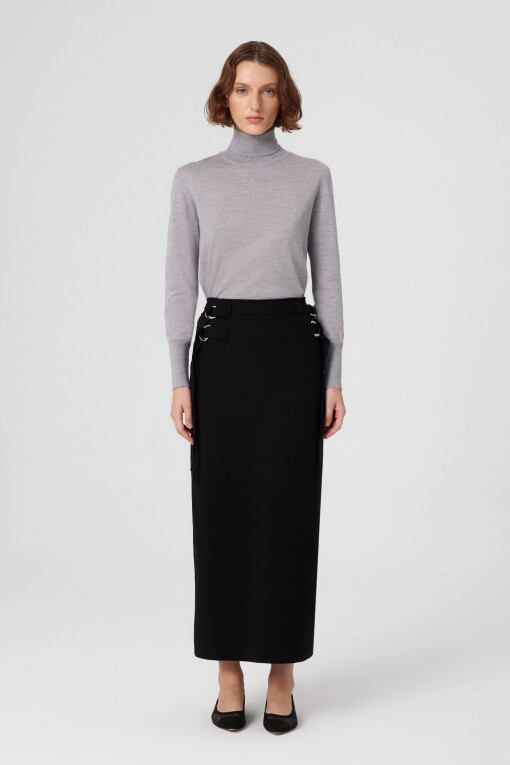 Black Belt Detail Slit Long Skirt - Triko Mısırlı
