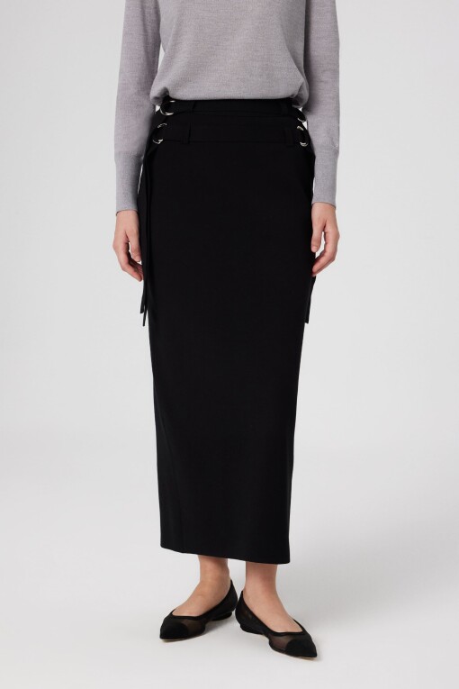 Black Belt Detail Slit Long Skirt - Triko Mısırlı