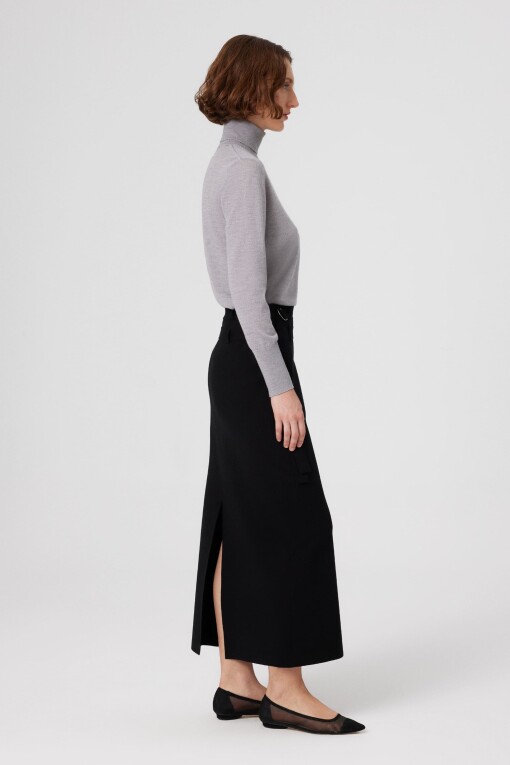 Black Belt Detail Slit Long Skirt - Triko Mısırlı