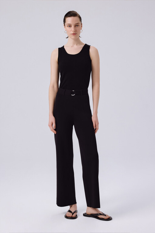 Black Belt Detail Wide Leg Women's Pants - Triko Mısırlı