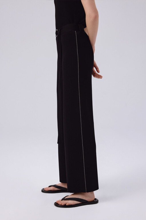 Black Belt Detail Wide Leg Women's Pants - Triko Mısırlı