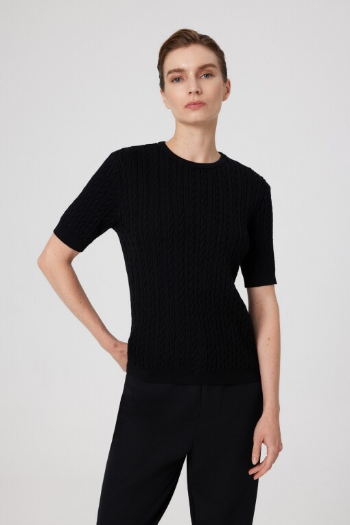 Black Cable Knit Half Sleeve Women's Sweater - Triko Mısırlı