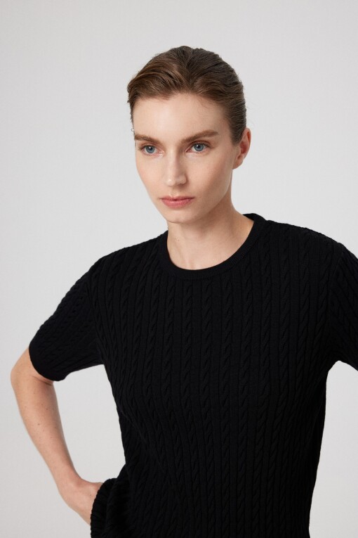 Black Cable Knit Half Sleeve Women's Sweater - Triko Mısırlı