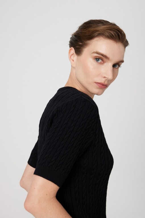Black Cable Knit Half Sleeve Women's Sweater - Triko Mısırlı