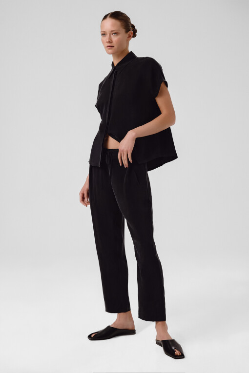 Black Drawstring Waist Pocket Detail Women's Pants - Triko Mısırlı
