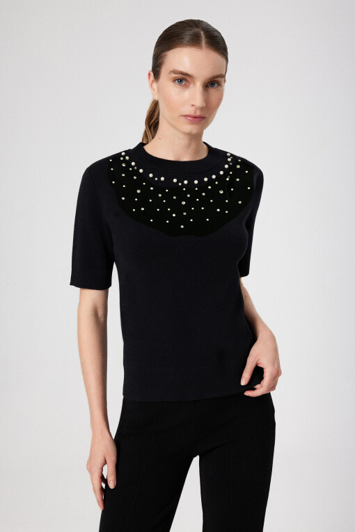 Black Embroidered Collar Knit Women's Sweater - Triko Mısırlı