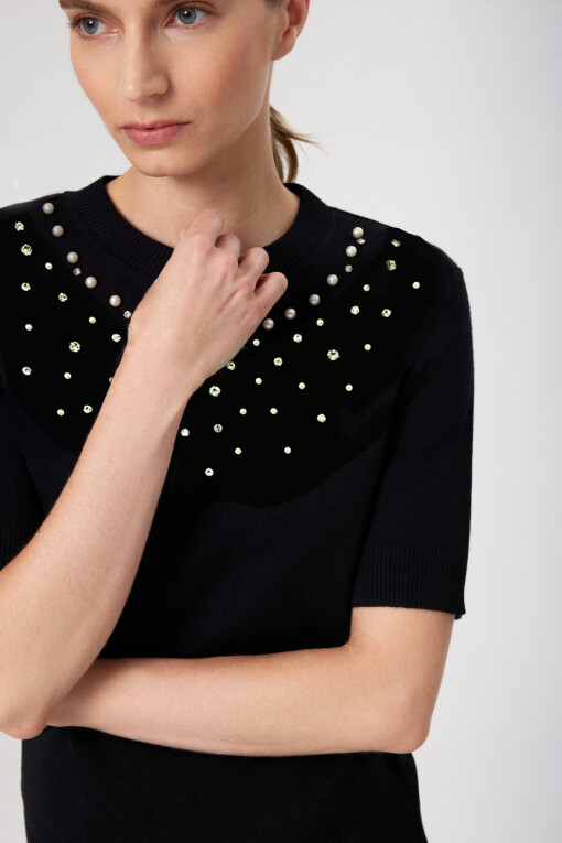 Black Embroidered Collar Knit Women's Sweater - Triko Mısırlı