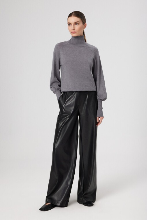 Black Faux Leather Women's Pants - Triko Mısırlı