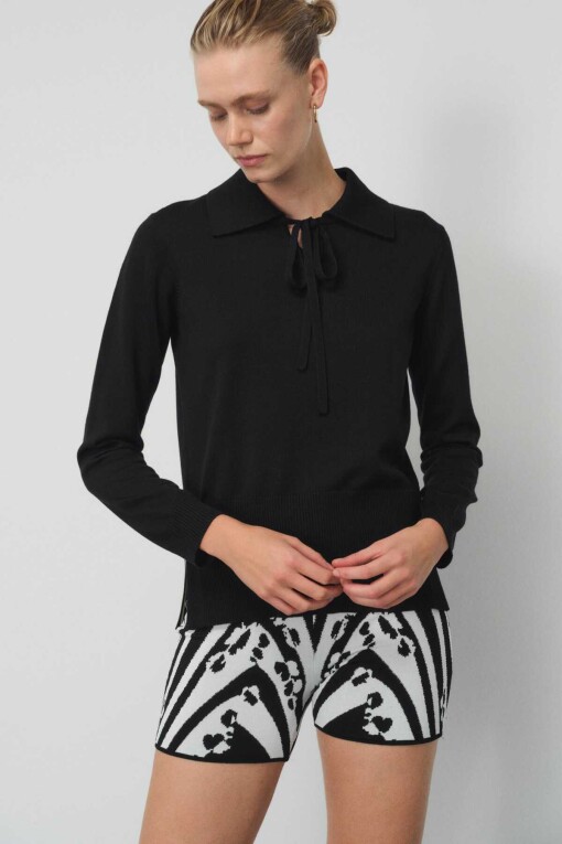 Black Front Tie Polo Collar Women's Sweater 