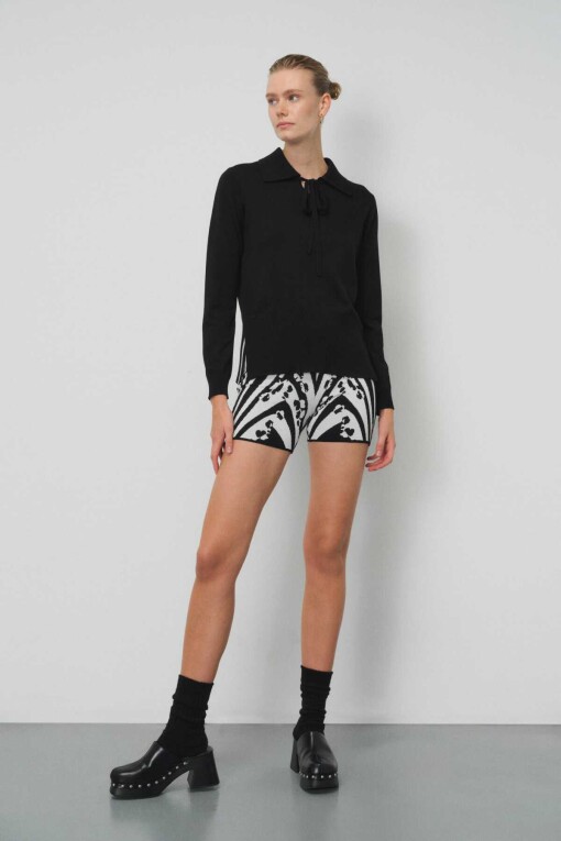 Black Front Tie Polo Collar Women's Sweater - Triko Mısırlı