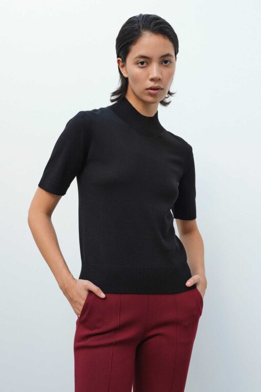 Black Half Turtle Neck Short Sleeve Knit Women's Sweater - Triko Mısırlı
