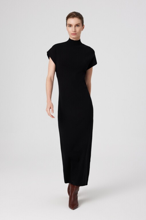 Black Padded Shoulder Turtle Neck Long Dress 