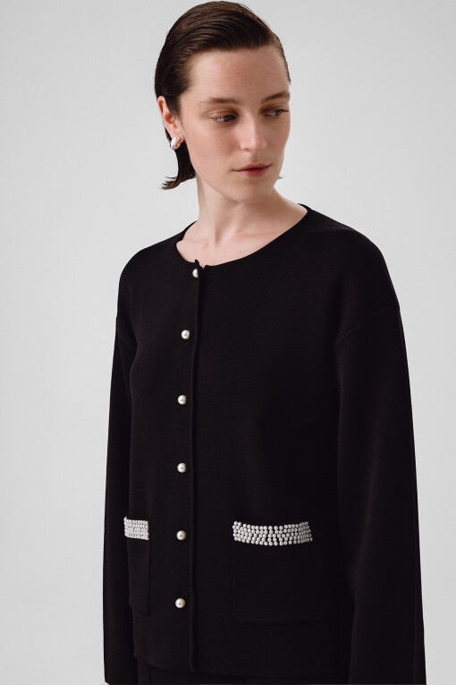 Black Pearl Button Pocket Detail Women's Jacket - Triko Mısırlı