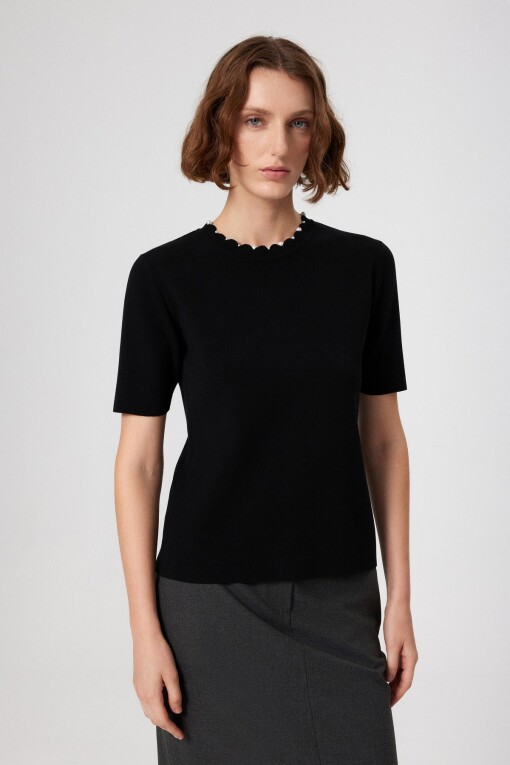Black Pearl Detail Short Sleeve Women's Sweater - Triko Mısırlı
