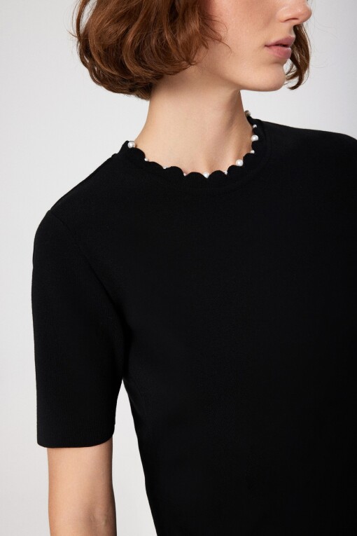 Black Pearl Detail Short Sleeve Women's Sweater - Triko Mısırlı