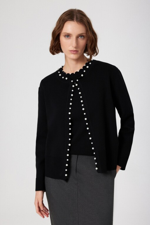 Black Pearl Detail Women's Cardigan - Triko Mısırlı
