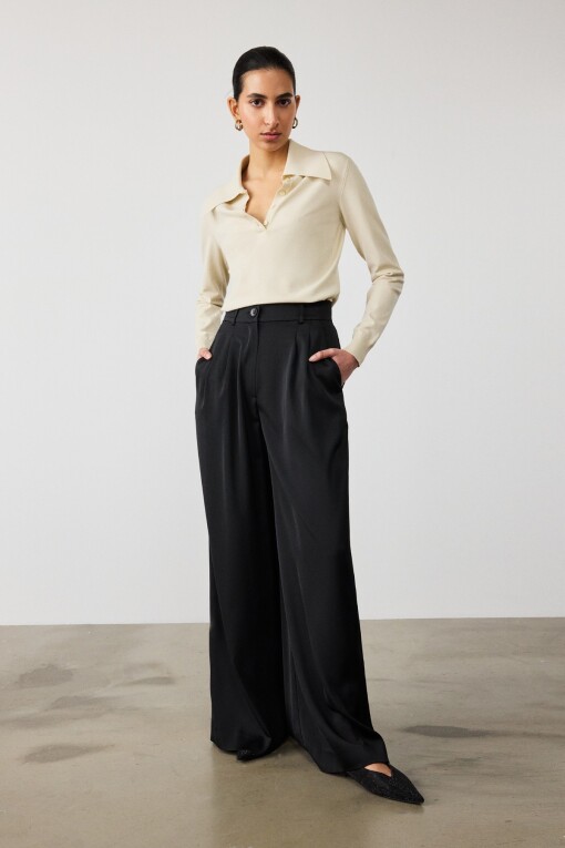 Black Pleated Palazzo Women's Pants - Triko Mısırlı