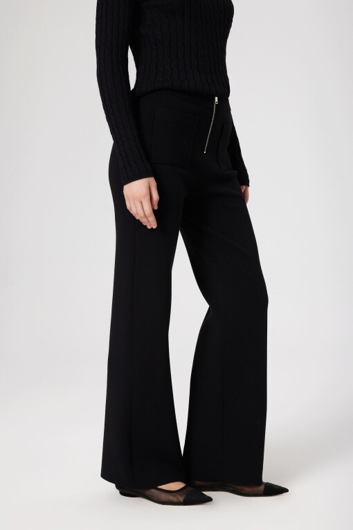 Black Pocket Detail Zippered Women's Pants - Triko Mısırlı