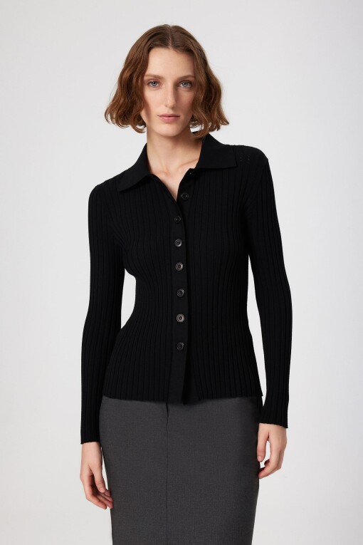 Black Ribbed Buttoned Women's Cardigan Black