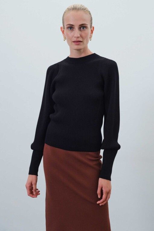Black Ribbed Crew Neck Women's Sweater - Triko Mısırlı