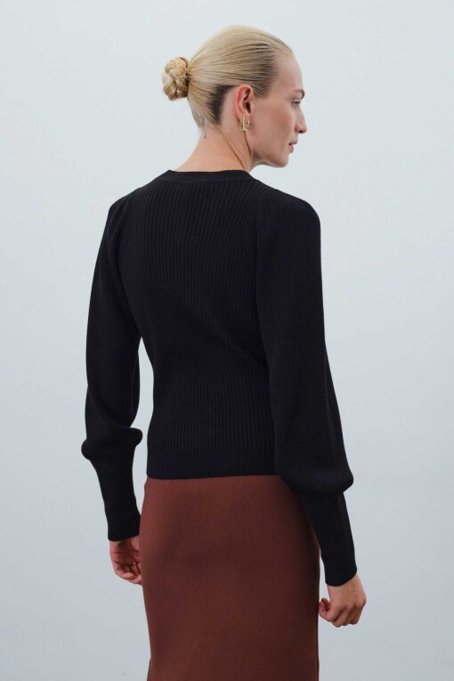 Black Ribbed Crew Neck Women's Sweater - Triko Mısırlı