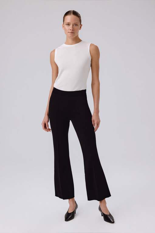 Black Ribbed Flare Leg Women's Pants - Triko Mısırlı