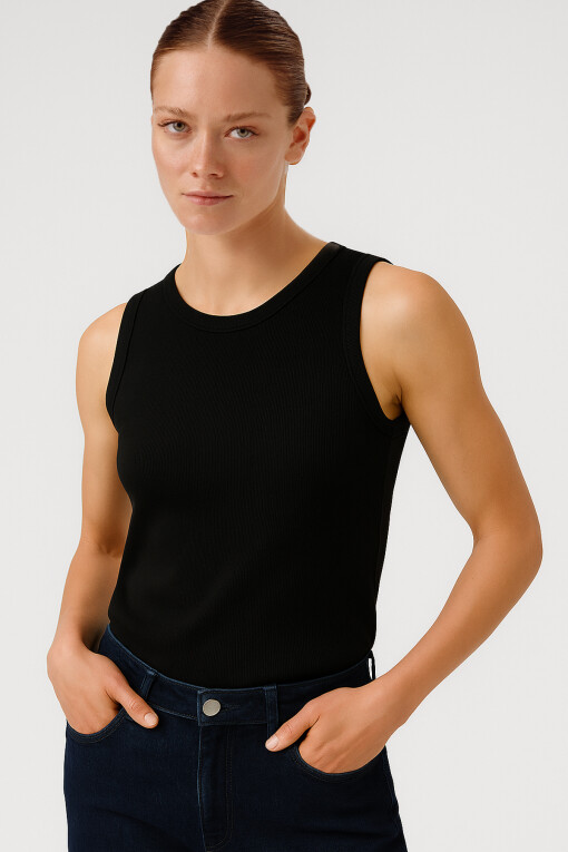 Black Ribbed Sleeveless Women's Camisole - Triko Mısırlı